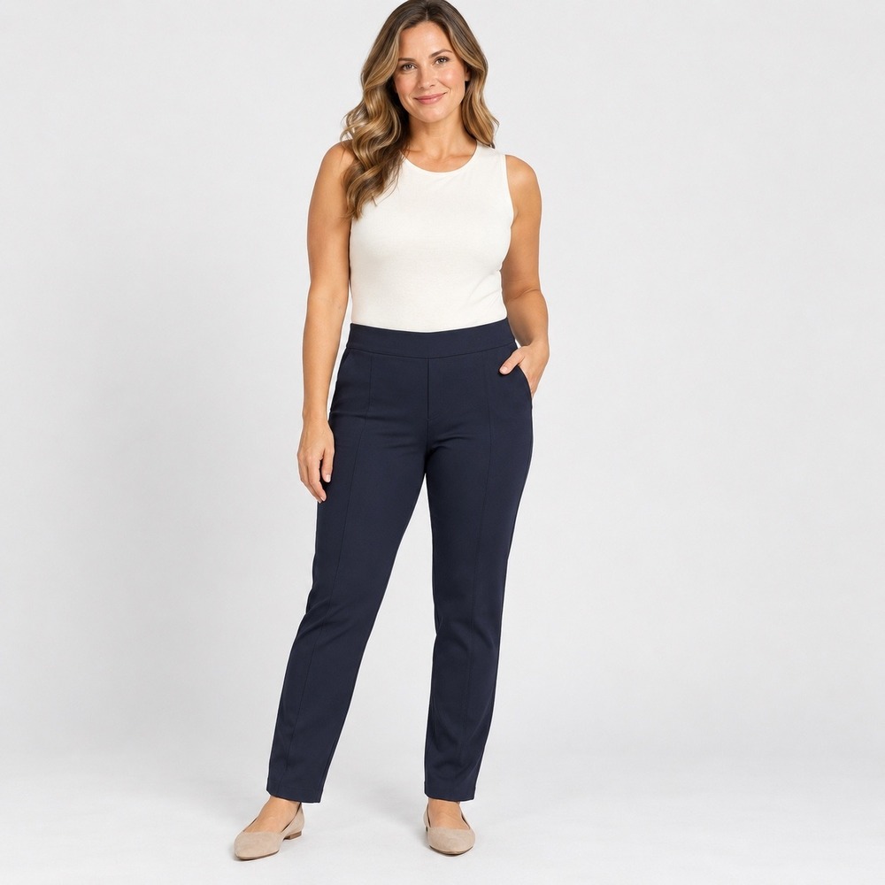 Spanx The Perfect Pant Women Size M Navy Blue Slim Straight Leg Ponte Trousers